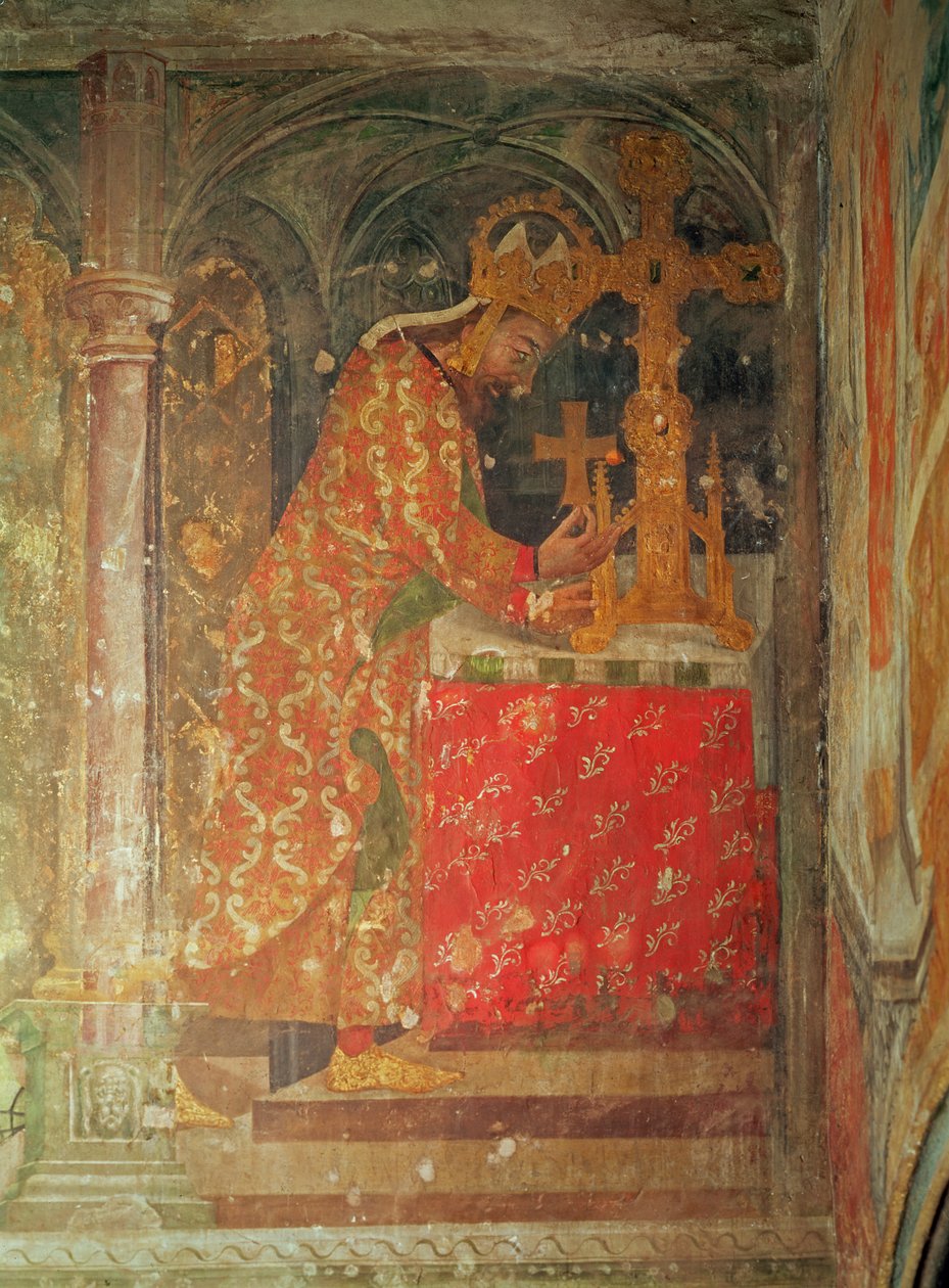Den hellige romerske kejser Karl IV placerer relikvien af tornen fra Kristi krone i et relikvieskrin, fra Vor Frue kapel, 1357-60 (se også 204541 og 204544) af Nikolaus Wurmser