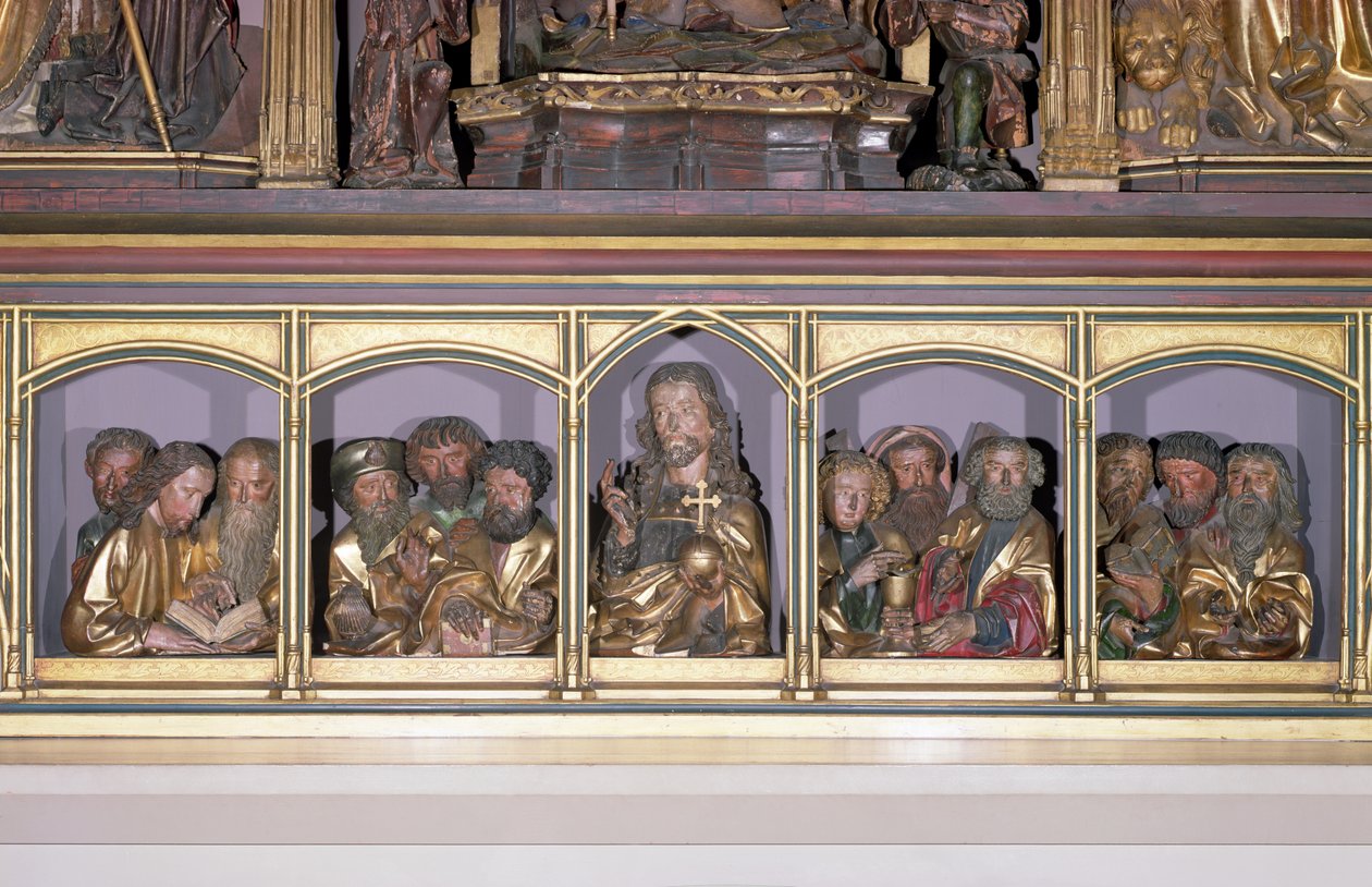 Træudskæringer af Kristus og de tolv apostle, fra predellaen af Isenheim-altertavlens retabel, ca. 1490 (malet træ) af Nikolaus Hagenauer