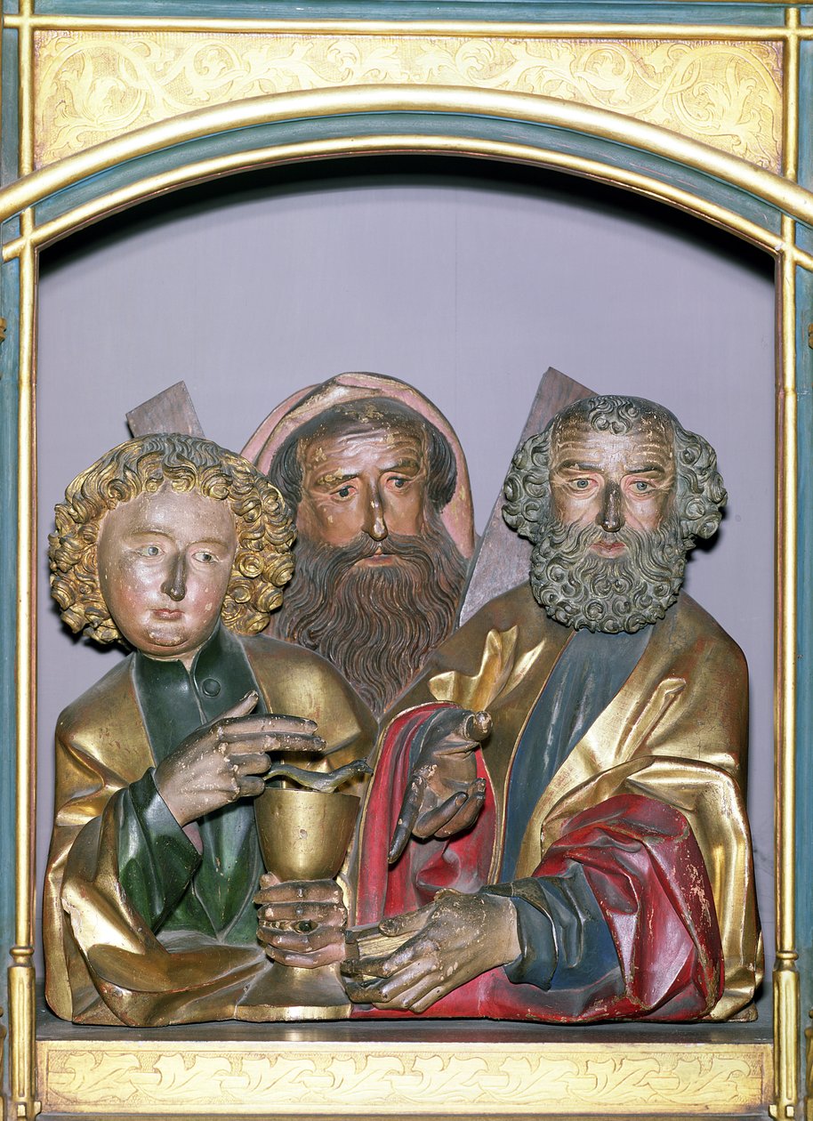 Træudskæringer af SS. John, Andrew og Peter, fra predellaen af Isenheim-altertavlen, ca. 1490 (malet træ) af Nikolaus Hagenauer