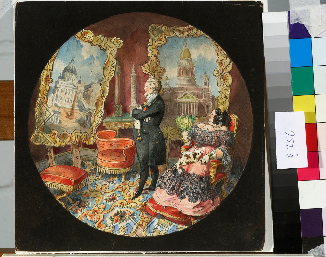 Arkitekten Auguste Ricard de Montferrand (1786-1858) og hans kone i deres stue, betragter stolt malerier, der repræsenterer nogle af hans værker - Tegning af Nicolas Benois (1813-1898) af Nikolay Benois