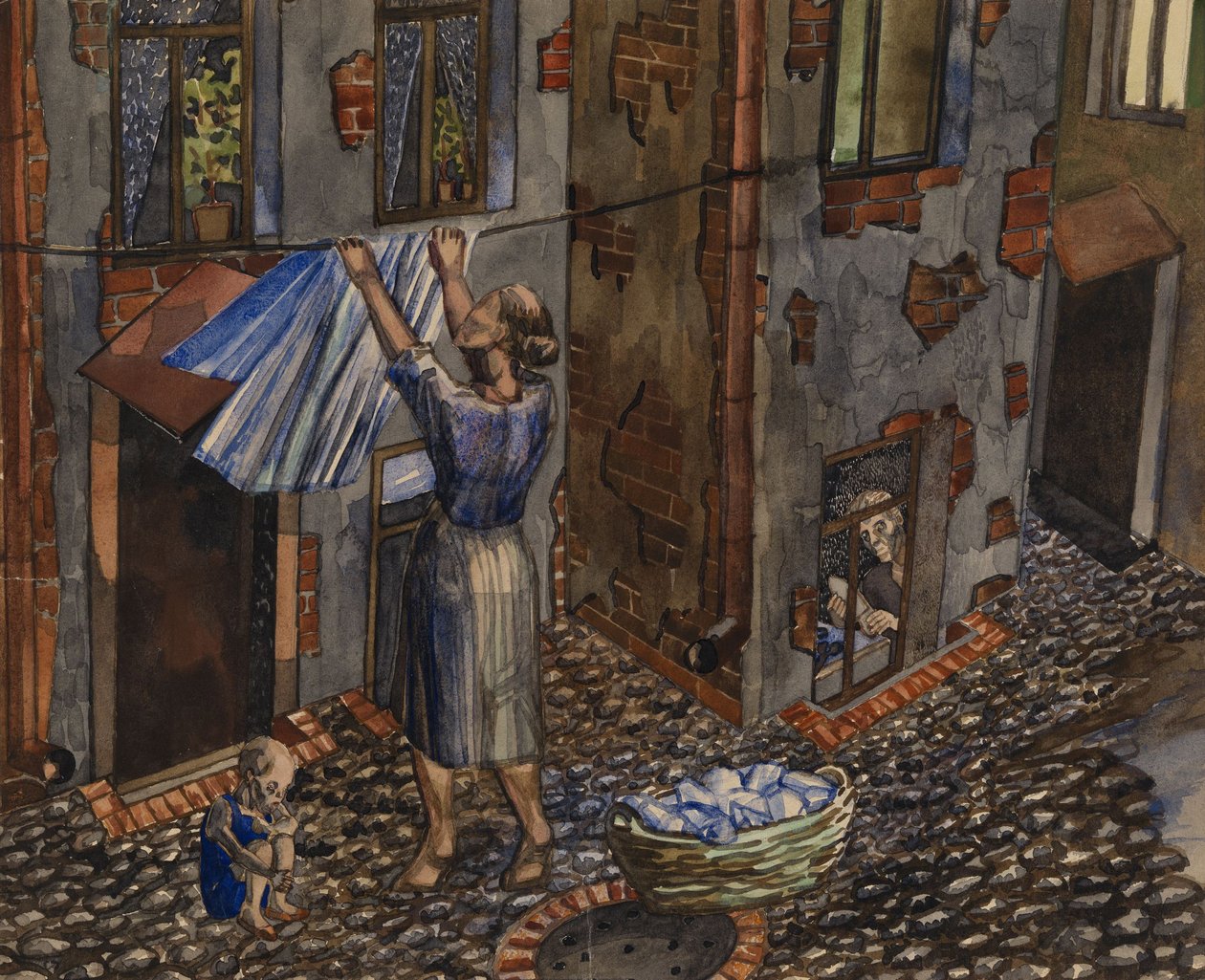 The Old Court - Værk af Nikolai Ivanovich Evgrafov (1904-1941), akvarel og blæk på papir (27,5x33,5 cm) af Nikolay Ivanovich Evgrafov