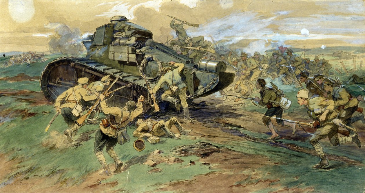 Erobringen af ​​en tank på Krim. Kampscene under den russiske borgerkrig (1917-1923), der modsatte den hvide hær til de røde garder. Værk af Nikolai Semyonovich Samokish (1860-1944), akvarel på papir af Nikolay Semenovich Samokish