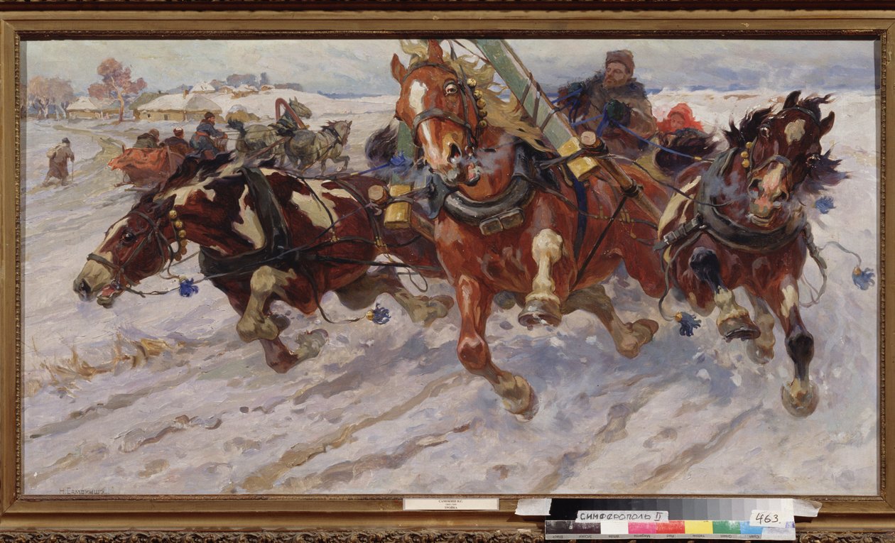 Trojka (slæde med tre heste). Maleri af Nikolai Semyonovich Samokish (1860-1944), olie på lærred af Nikolay Semenovich Samokish