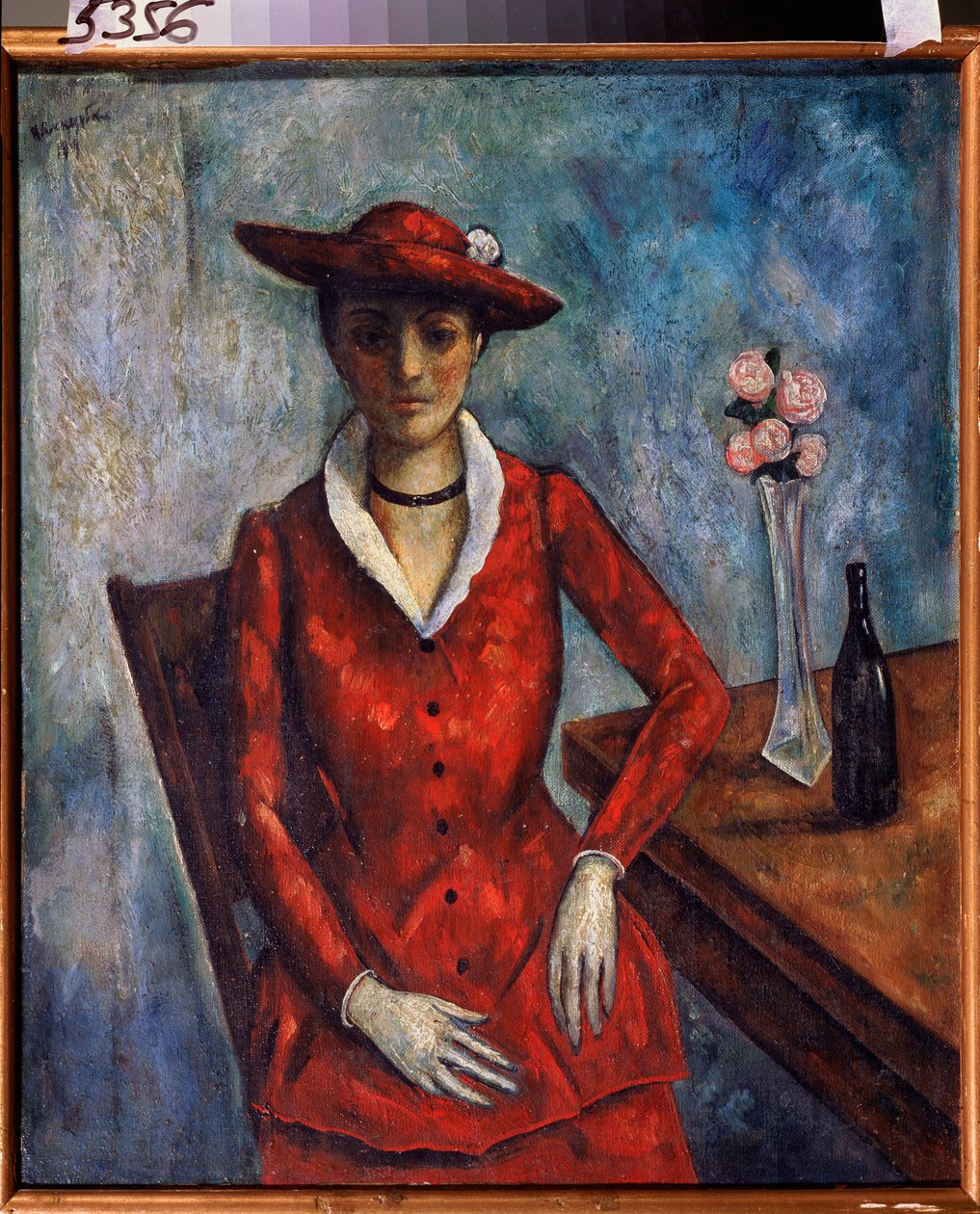 En kvinde i rødt - Maleri af Nikolai Vladimirovich Sinezubov (Nicolas Sinezuboff) (1891-1956), olie på lærred af Nikolay Vladimirovic Sinezubov
