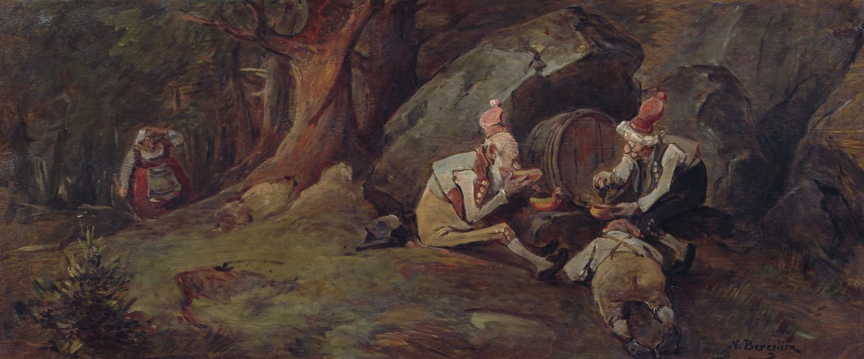 Nisser drikker øl (olie på lærred) af Nils Bergslien