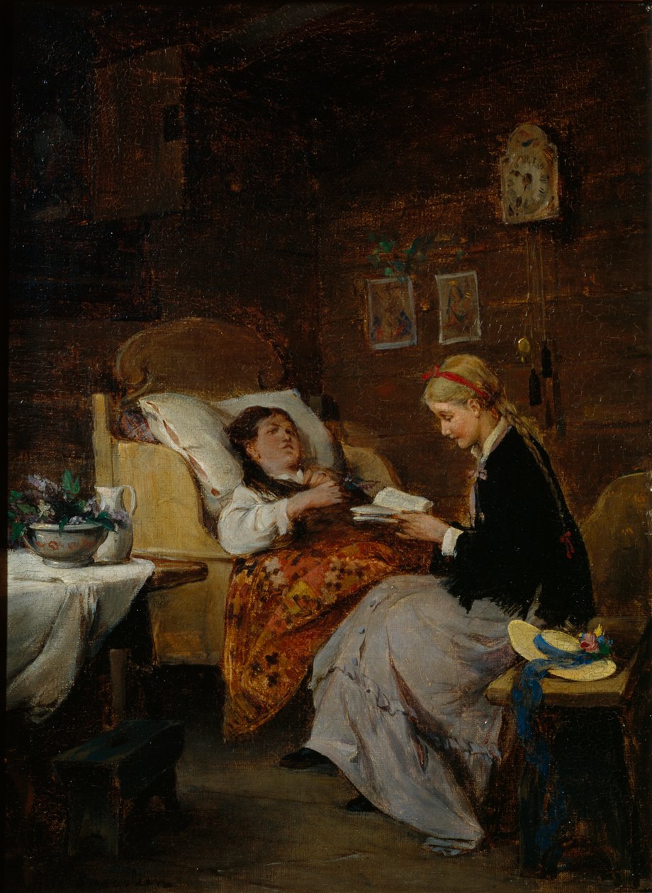 Besøg hos en patient (olie på lærred) af Nils Bergslien
