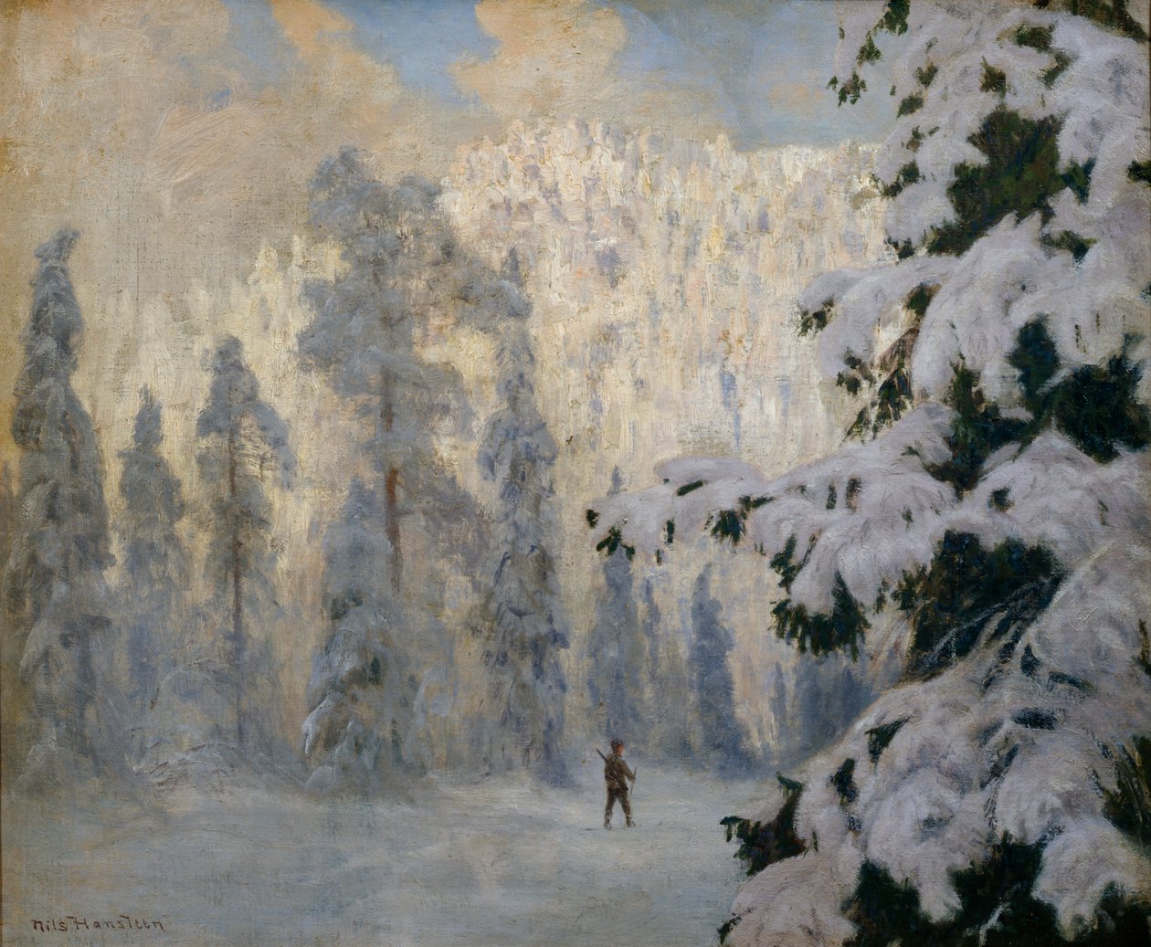 Hunter Skiing (olie på lærred) af Nils Hansteen