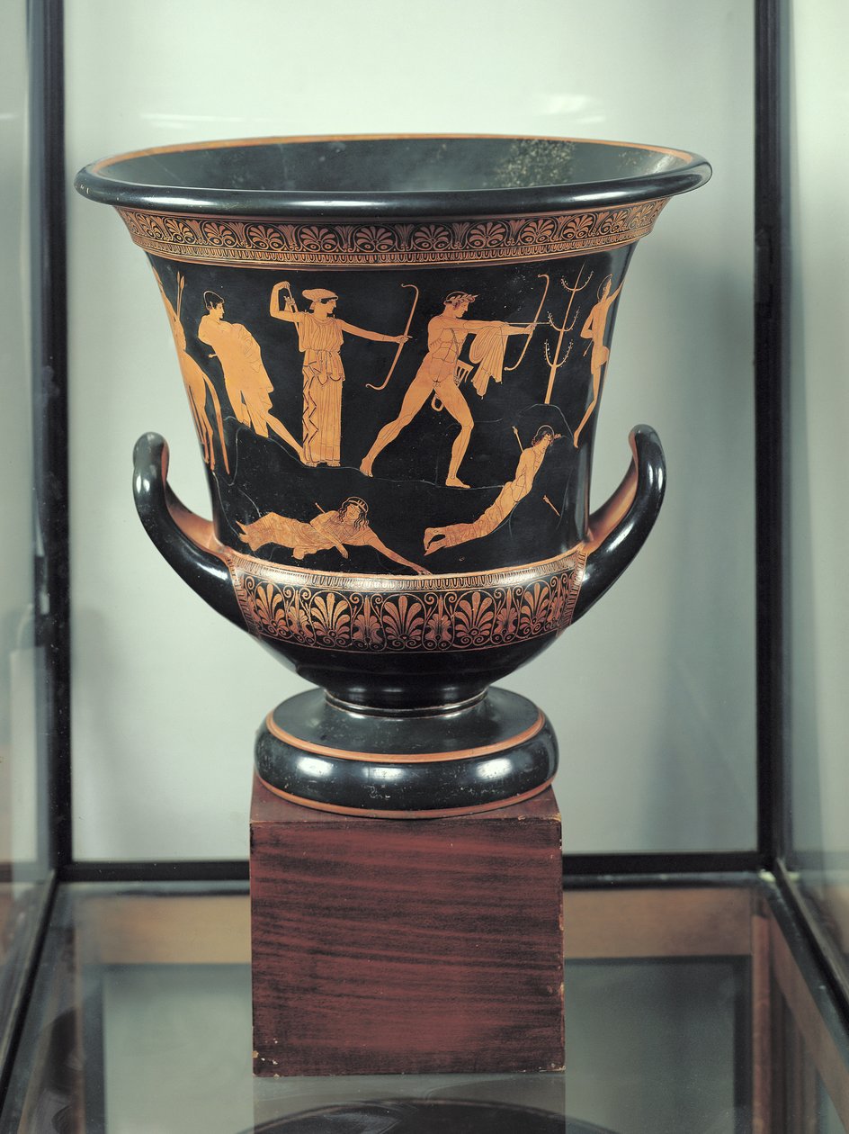 Attisk rød-figur calyx-krater skildrer niobids død, ca. 460-50 f.Kr. (keramik) (se også 92576-77) af Niobid Painter