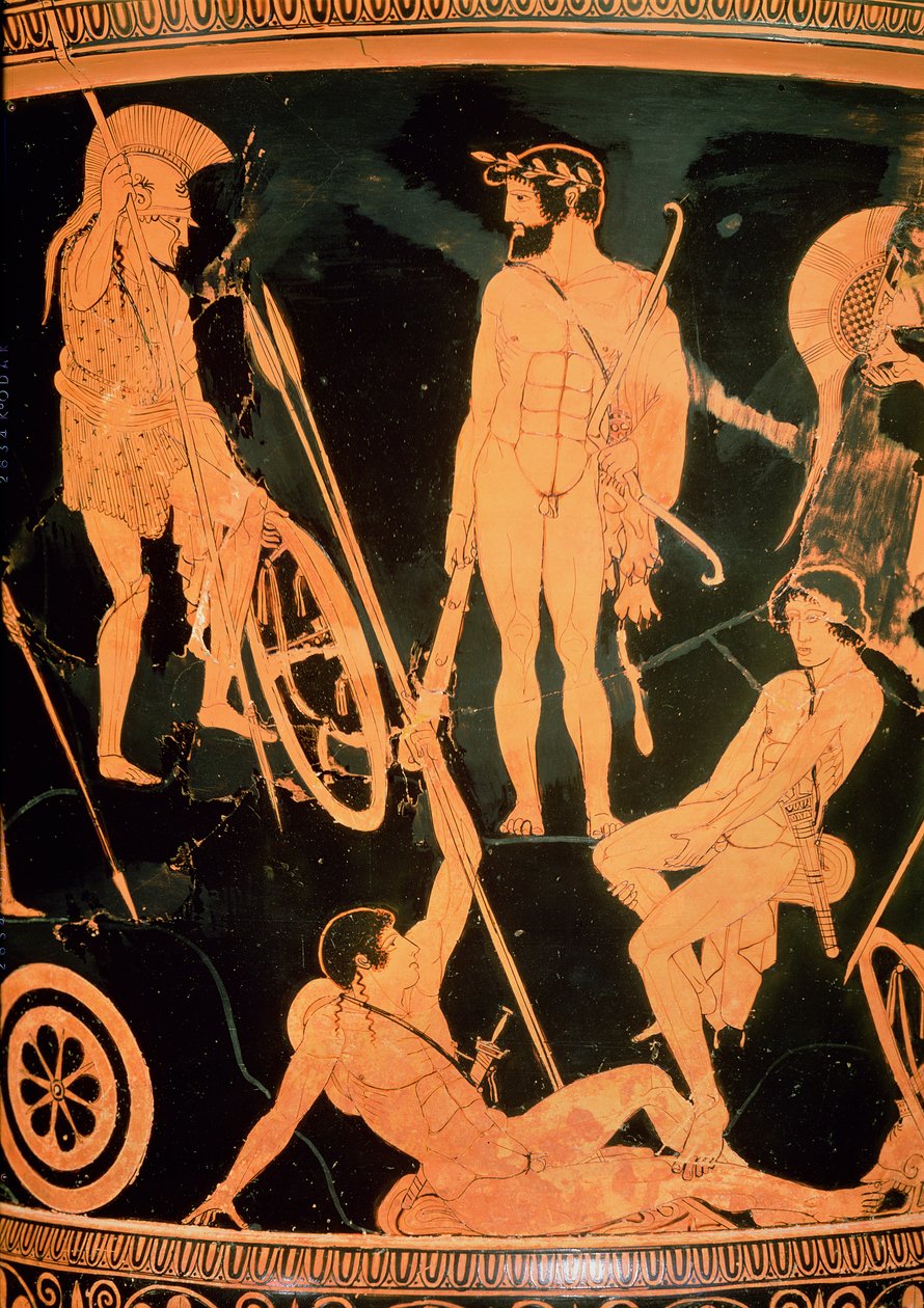 Herakles og græske helte, detalje fra en attisk rød-figur calyx-krater, ca. 490 f.Kr. (keramik) (se også 92577 og 19106) af Niobid Painter