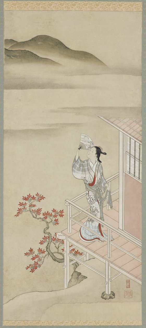 Ung kvinde med en vifte på en veranda, der beundrer ahorn, hængende rulle, 17.-18. århundrede af Nishikawa Sukenobu