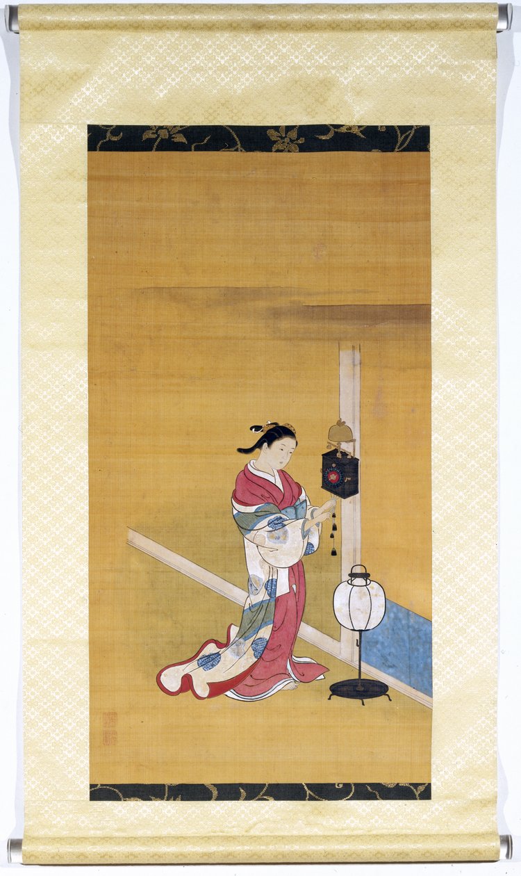 Japansk kvinde vikler et vægur op, Edo-perioden (1600-1868) 1700-50 (malet silke) af Nishikawa Sukenobu