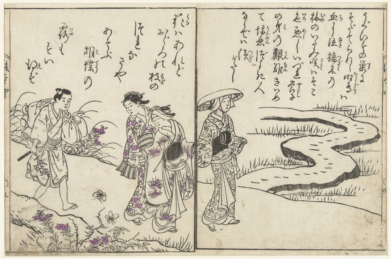 Vandrere i et landskab med blomster af Nishikawa Sukenobu (attributed to)