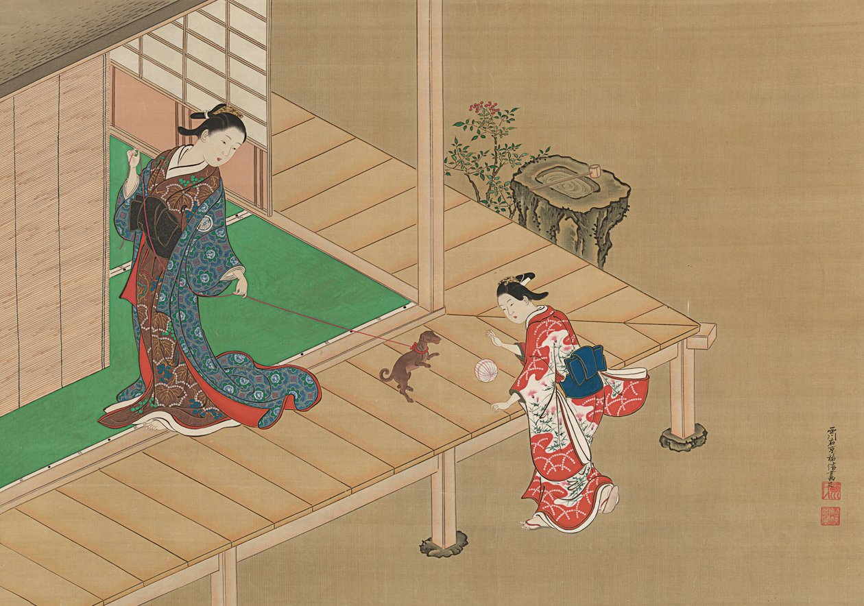 Kurtisane og ledsager leger med en hund, ca. 1716-1736. af Nishikawa Sukenobu