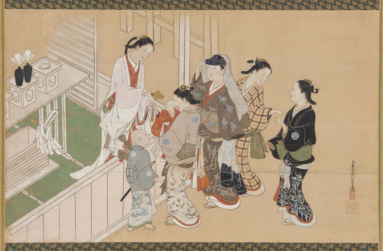Spædbarns første besøg i en Shinto-helligdom, Edo-perioden, slutningen af det 17.-begyndelsen af det 18. århundrede. af Nishikawa Sukenobu