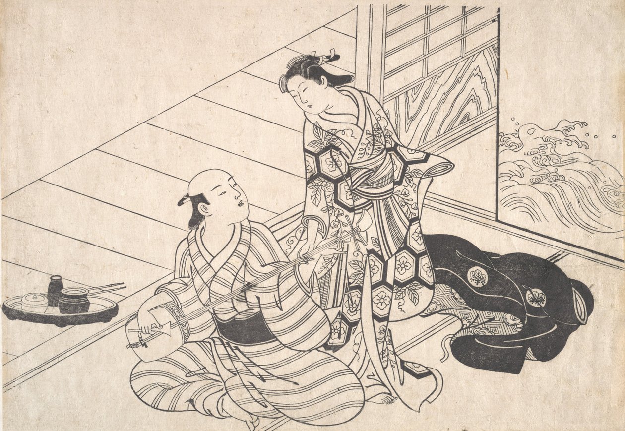 Lady afbryder sin elsker, der spiller shamisen. af Nishikawa Sukenobu