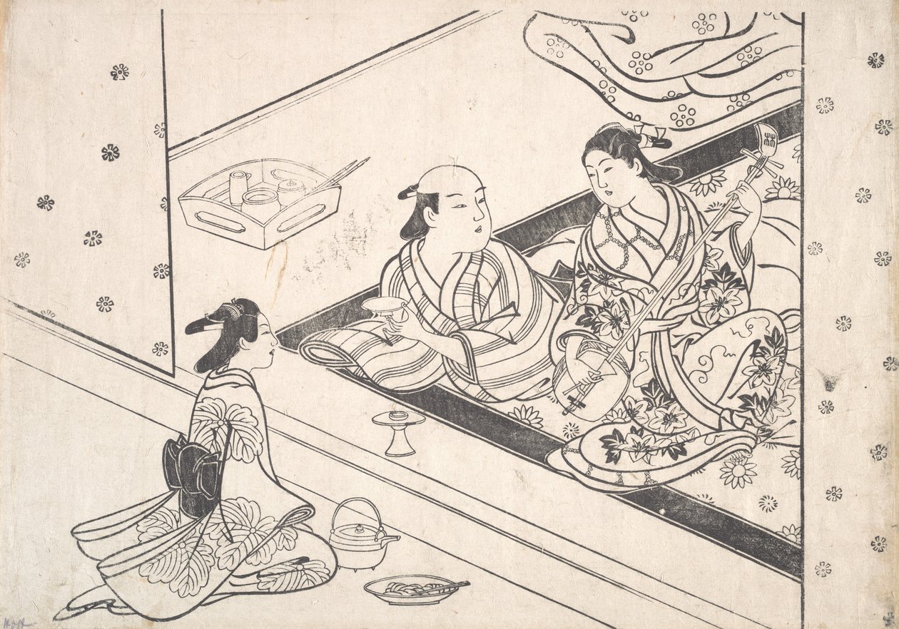 Lady Playing Shamisen, med hendes elsker og ledsager i nærheden. af Nishikawa Sukenobu