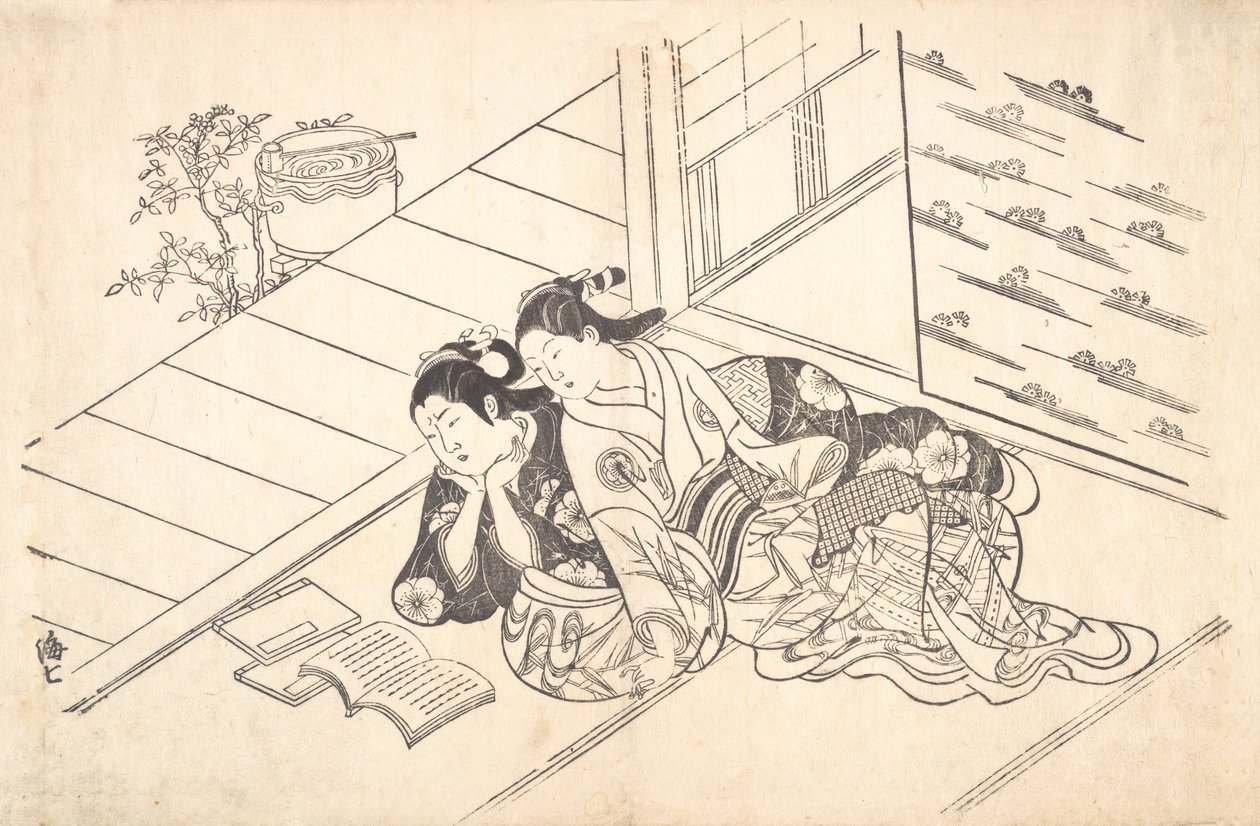 To kvinder læner sig tilbage på gulvet i et værelse og læser en bog, ca. 1730., ca. 1730. af Nishikawa Sukenobu