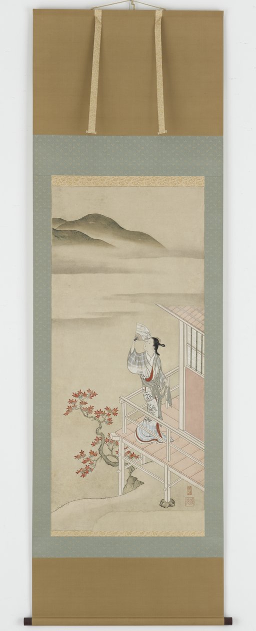 Ung kvinde med en vifte på en veranda, der beundrer ahorn, hængende rulle, 17.-18. århundrede (blæk og farve på papir) af Nishikawa Sukenobu
