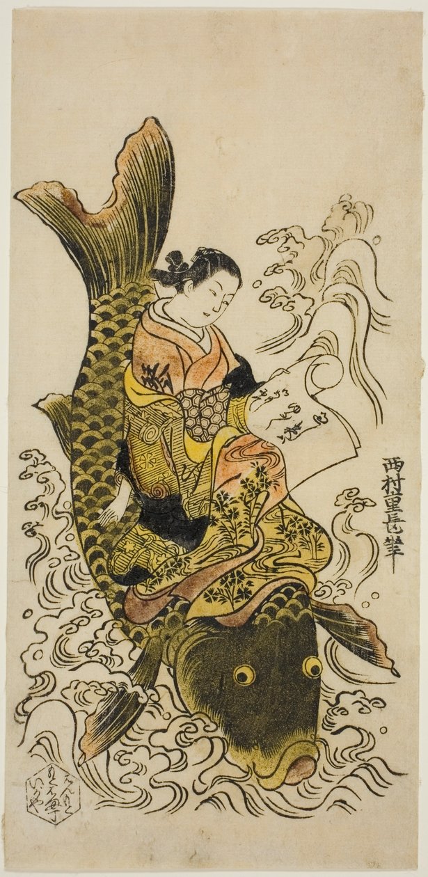 Courtesan Riding a Carp (parodi på Daoist Immortal Kinko [kinesisk: Qin Gao]) af Nishimura Shigenaga