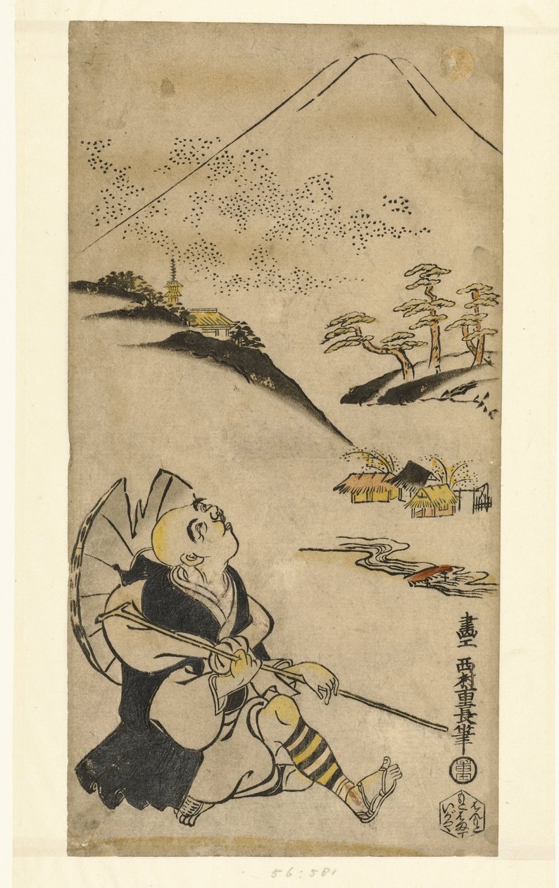 Poet-præsten Saigyo Hoshi ser op på Fuji-bjerget af Nishimura Shigenaga