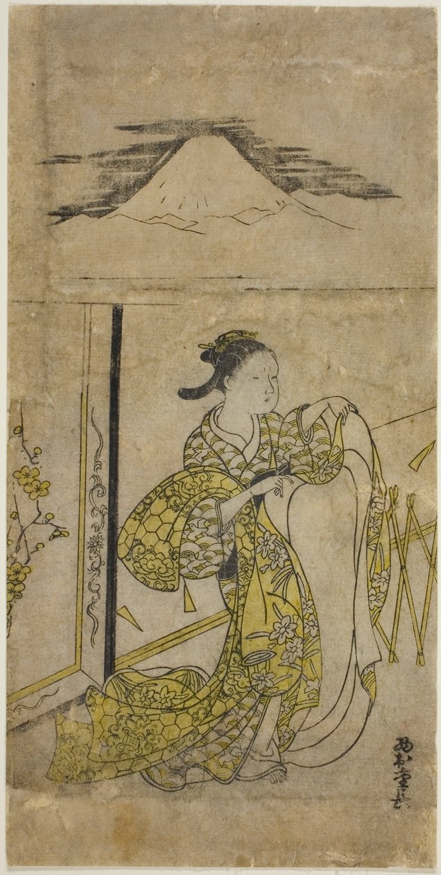 Kvinde der holder kimono med Fuji-bjerget ovenover af Nishimura Shigenaga