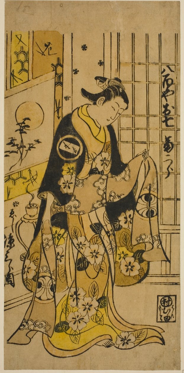 Skuespilleren Segawa Kikujiro I som Oshichi i stykket "Shochikubai Kongen Soga," opført på Ichimura Theatre i den tredje måned, 1732 af Nishimura Shigenobu
