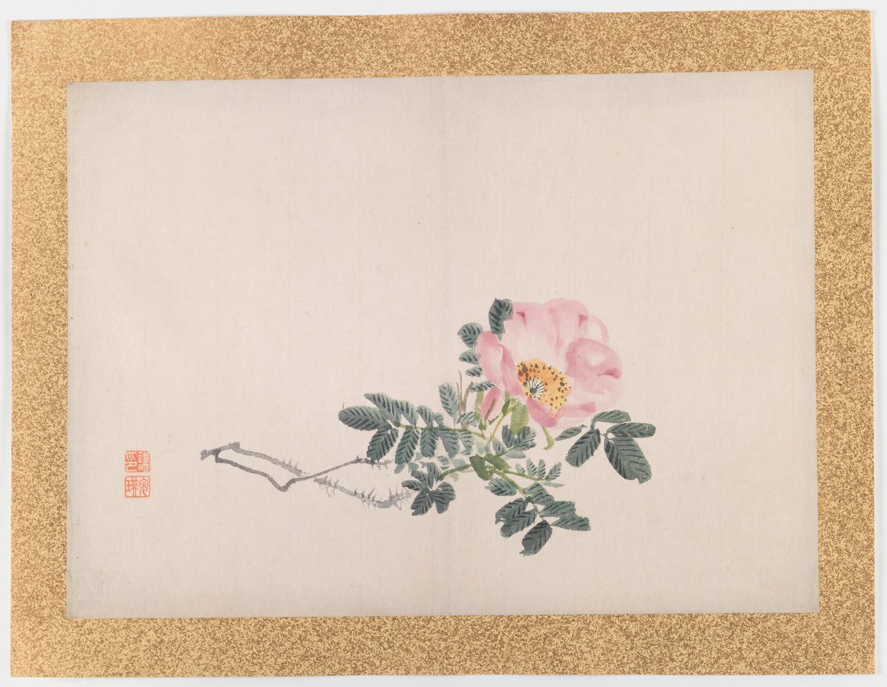 Uden titel (Pink Rose), 1855 (blæk & lys farve på papir) af Nishiyama Hoen