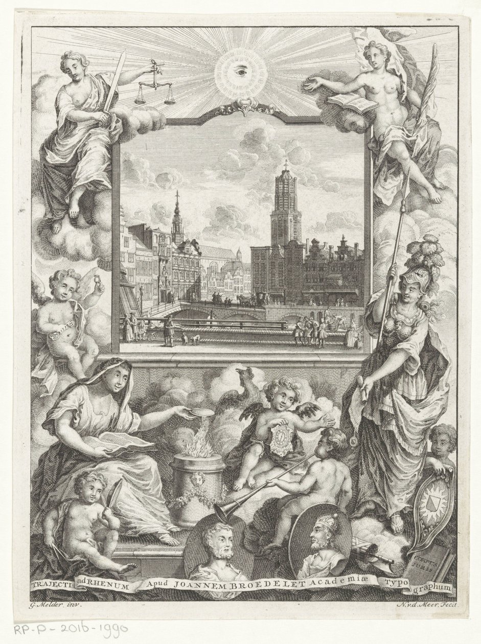 Stadsgezicht met Domkerk te Utrecht en allegorie met Utrechtse stedenmaagd Titelside for: Elias de Vries, Dissertatio juridica, de jure naturale ac gentium, seu duobus prioribus juris fontibus, 1745. af Noach van der Meer (I)