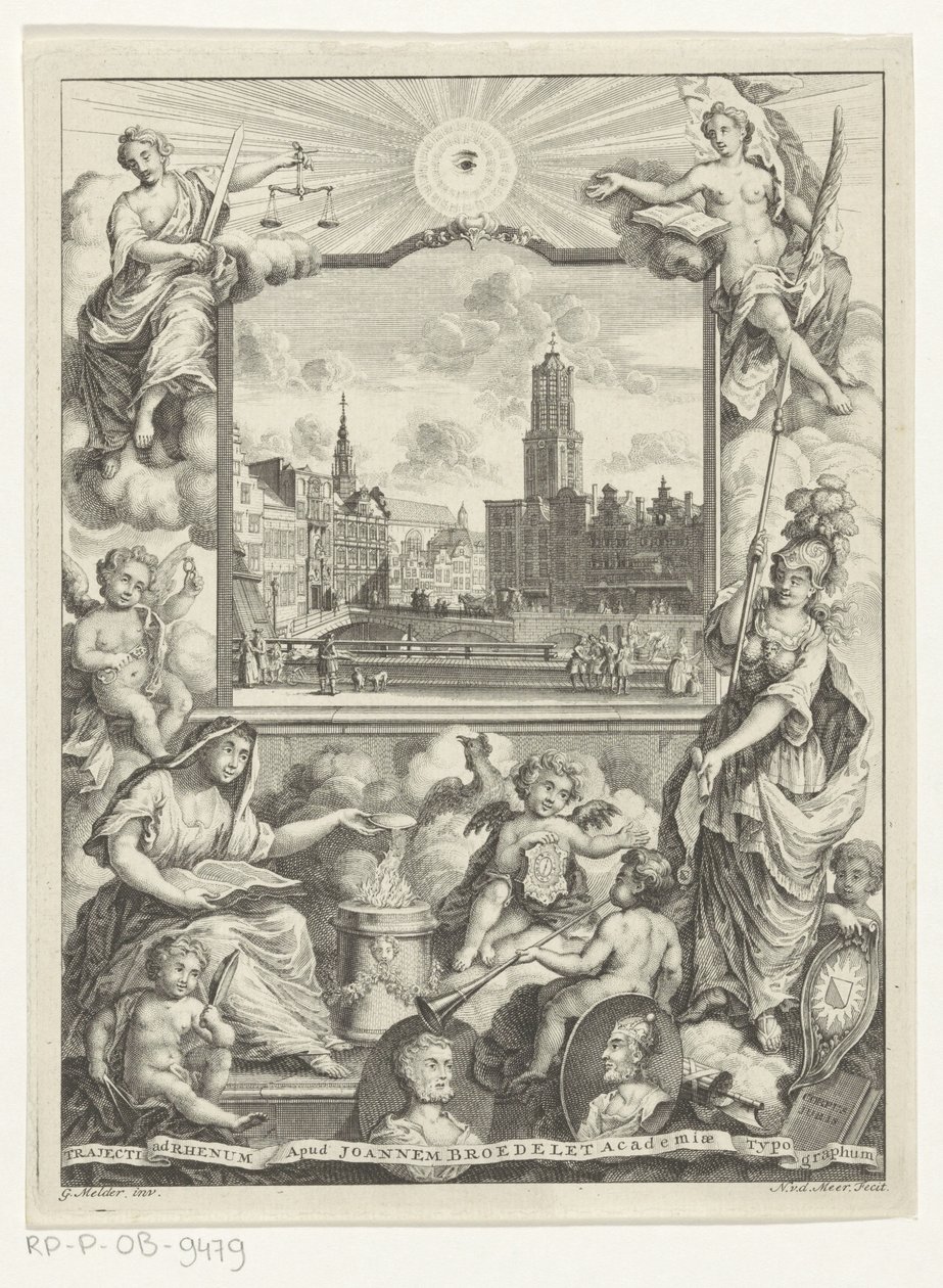 Stadsgezicht met Domkerk te Utrecht en allegorie met Utrechtse stedenmaagd Titelside for: Elias de Vries, Dissertatio juridica, de jure naturale ac gentium, seu duobus prioribus juris fontibus, 1745. af Noach van der Meer (I)