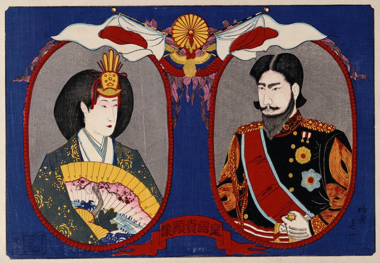 Portrætter af deres kejserlige majestæter, kejser og kejserinde Meiji (træblok i farver) af Nobukazu Watanabe