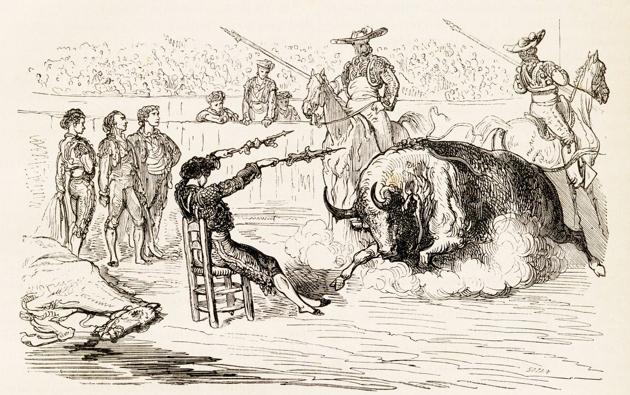 En spansk Banderillero, der placerer Banderillas, mens de sidder i en stol, 1878 (trægravering) af Noel Eugene Sotain