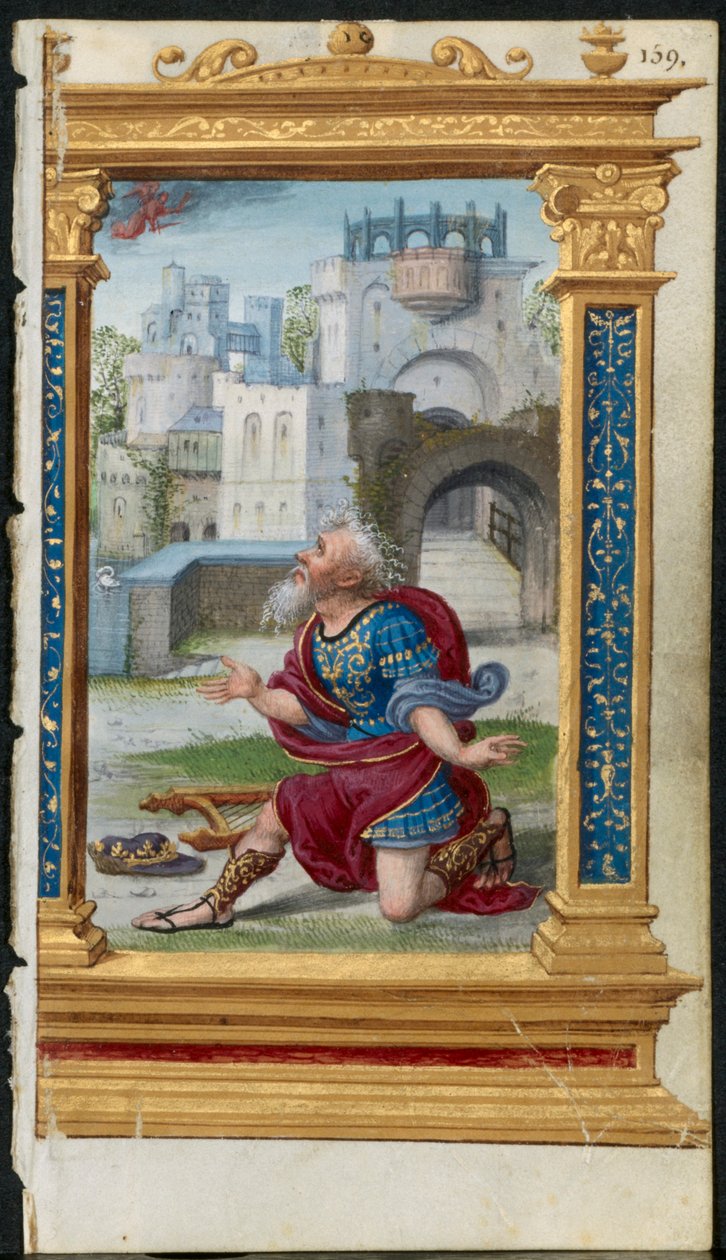 Blad fra en timebog: Kong David i bøn 2 af 3 udskårne blade, ca. 1530-35. af Noel Bellemare