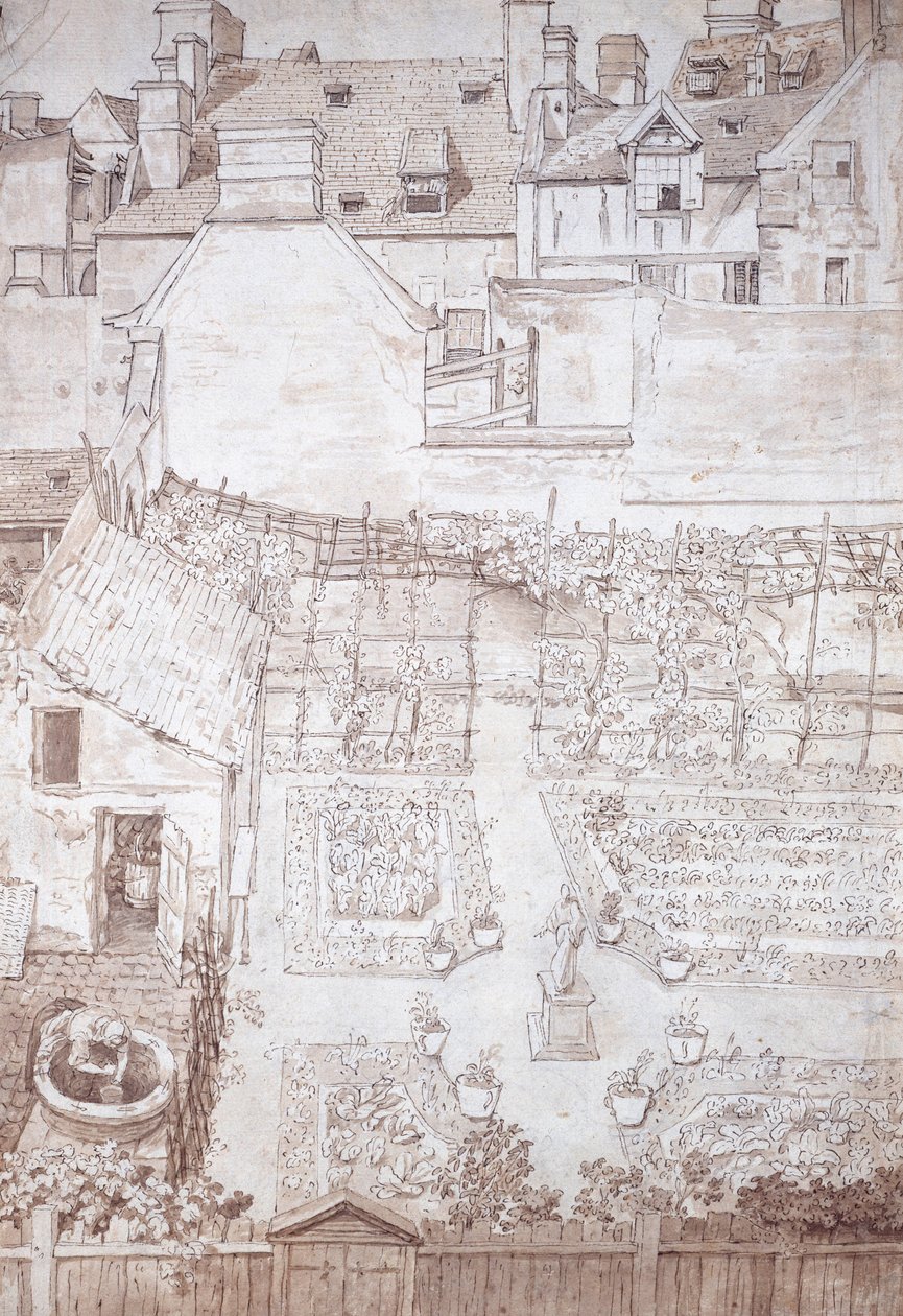 En have til et byhus, med parterre og pergola med vinranker, omgivet af bygninger, ca. 1677 (pen og brun blæk med brun vask) af Noel Gasselin