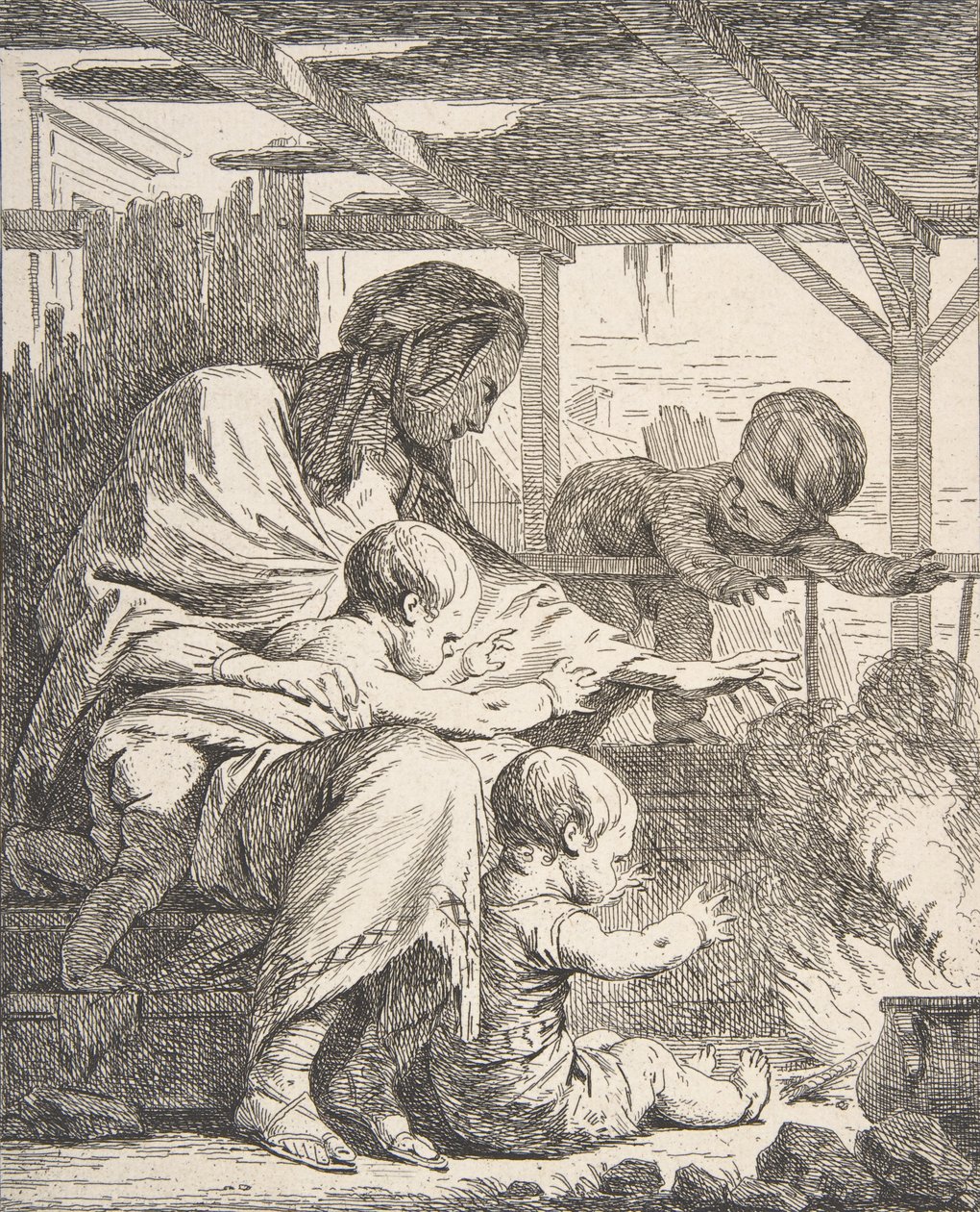 Familien varmer hænderne ved en ild, 1700-tallet., 1700-tallet. af Noel Halle