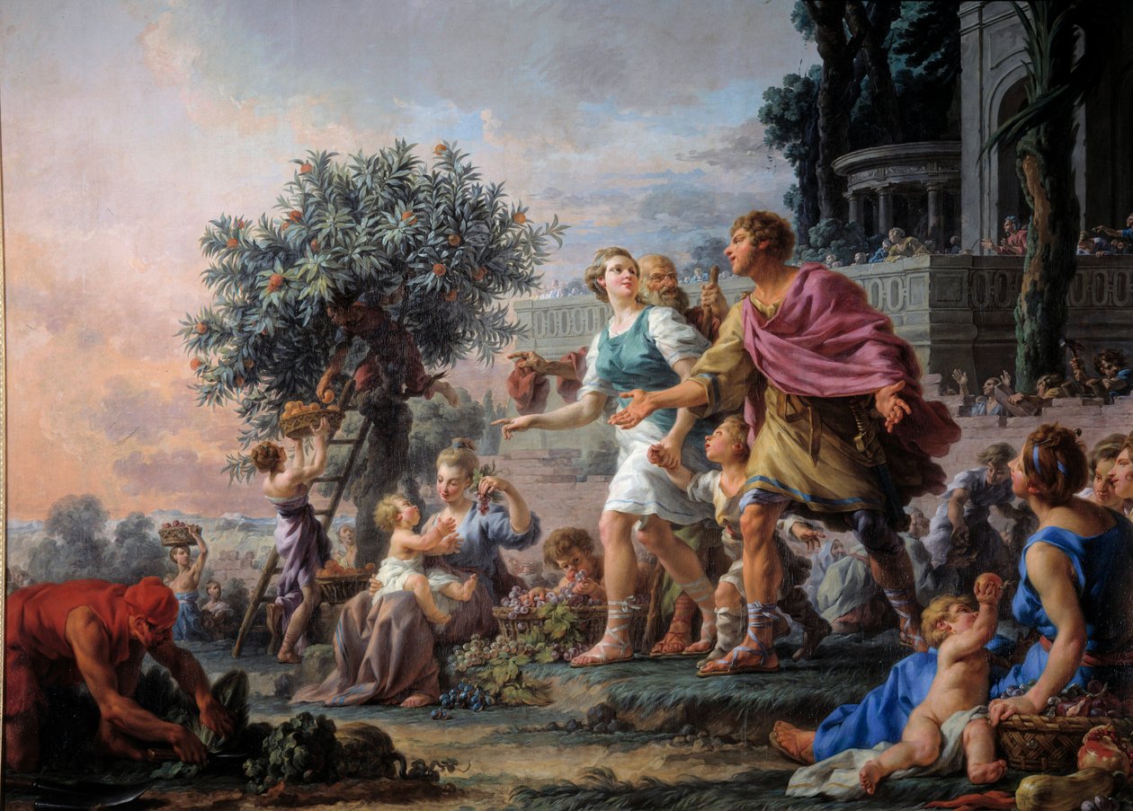 Liberalitet af ateneren Kimon inviterer folket til at tage frugterne af deres have. Maleri af Christmas Halle (1711-1781) af Noel Halle