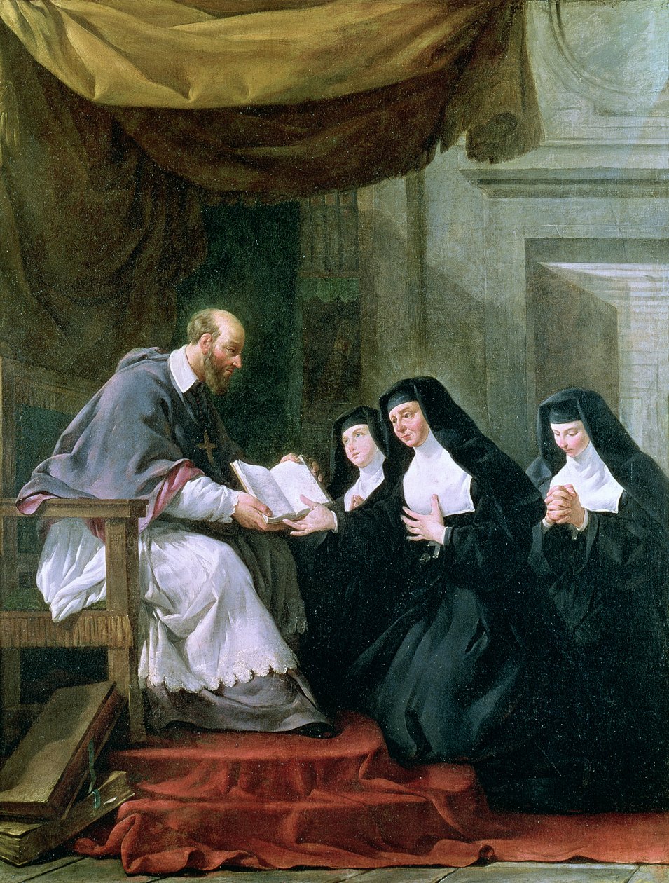 Francois de Sales (1567-1622), der giver besøgsreglen til den hellige Jeanne de Chantal (1572-1641) af Noel Halle