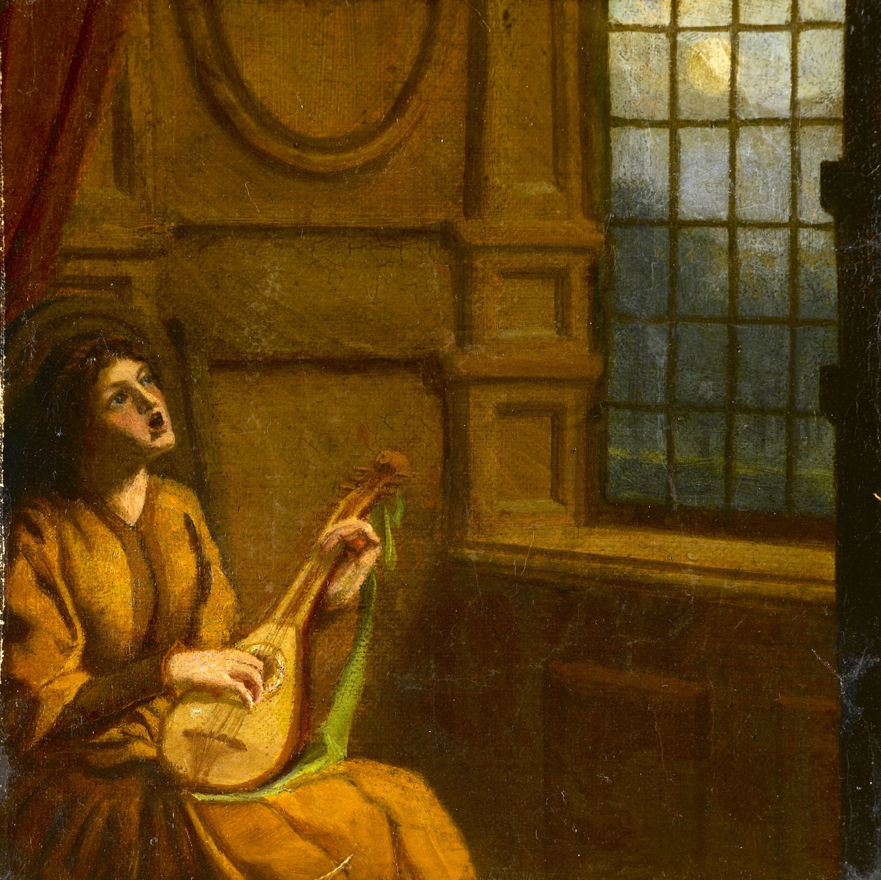 Ung pige spiller lut ved vinduet, ca. 1920 (akvarel på papir) af Noel Rooke