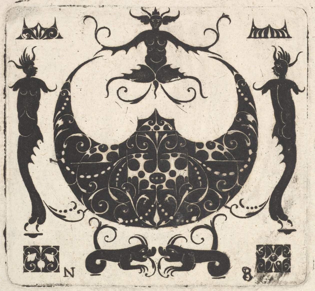 Måneformet ringramme og groteske figurer, ca. 1620-30. af Noel Rouillard