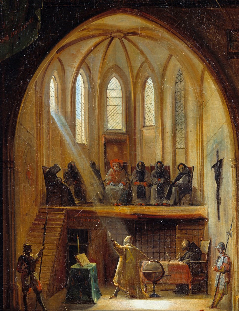 Detalje af "" Galilæa (1564-1642) foran Inkvisitionens Tribunal"" Den italienske astronom Galileo Galilei blev dømt i 1633 for sit arbejde med at forsvare den heliocentriske modelteori for Copernicus-universet. Maleri af Joseph Clerian (1796-1842 af Noel Thomas Joseph Clerian