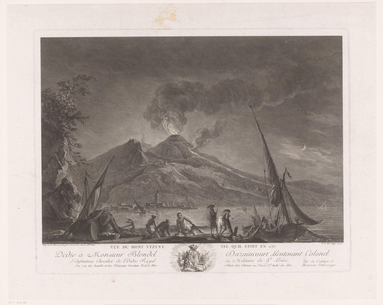 Landskab med fiskere og aktive Vesuv Vue du mont Vesuve tel quil etoit en 1757 (titel på objekt) af Noël Le Mire