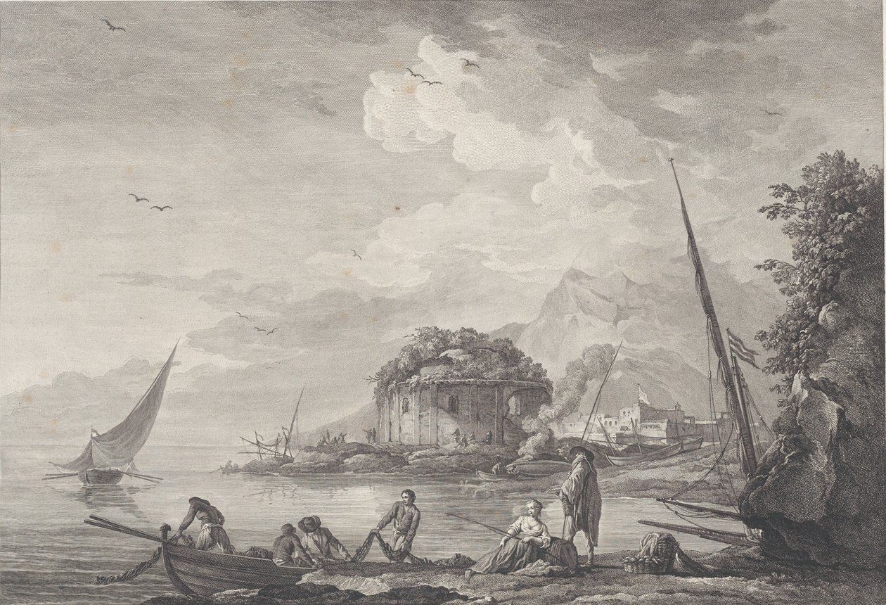 Udsigt over resterne af Venustemplet på øen Nisida tæt på Pouzzol på G..., 1761. af Noël Le Mire