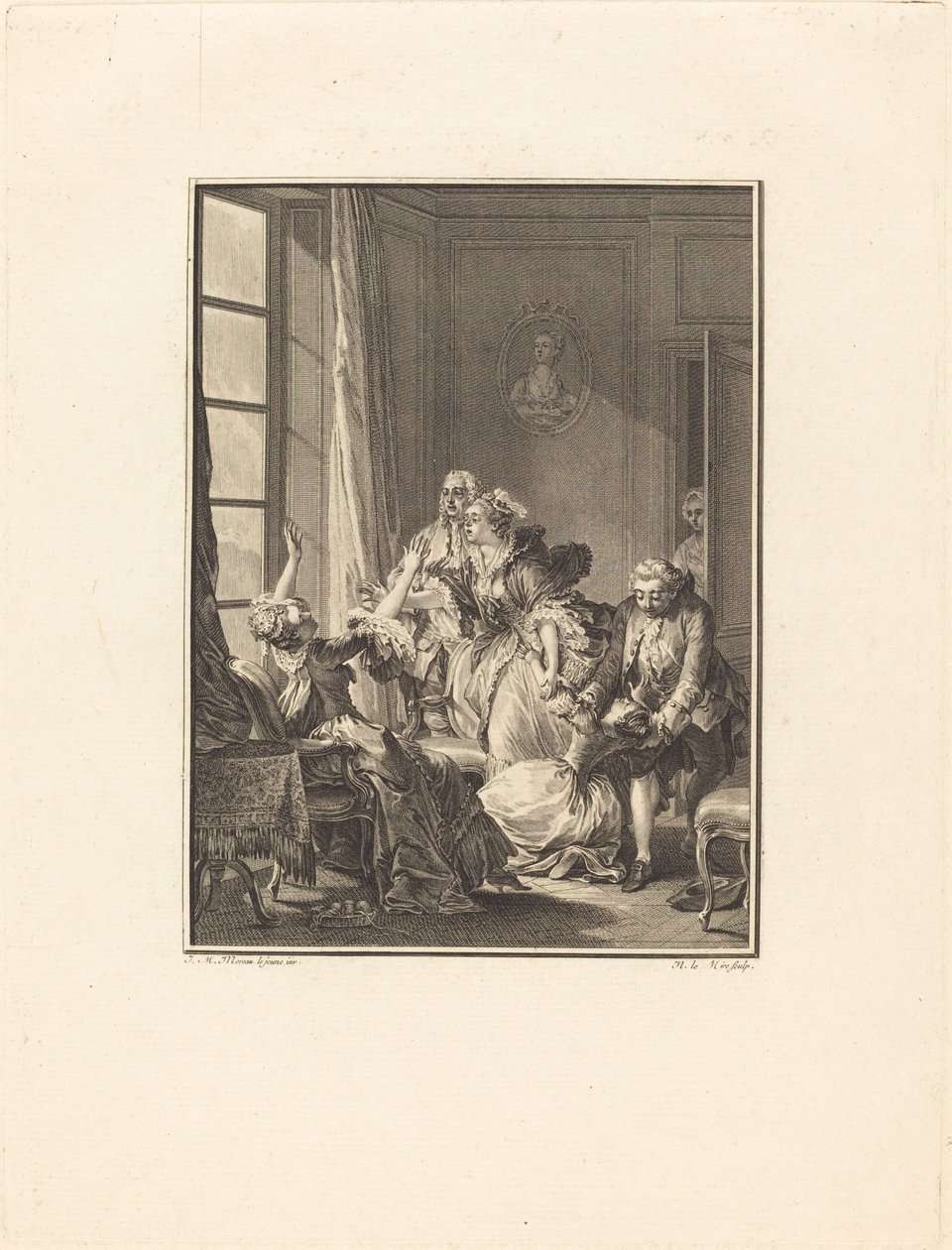 Julie besvimer i en lænestol af Noël Le Mire after Jean Michel Moreau