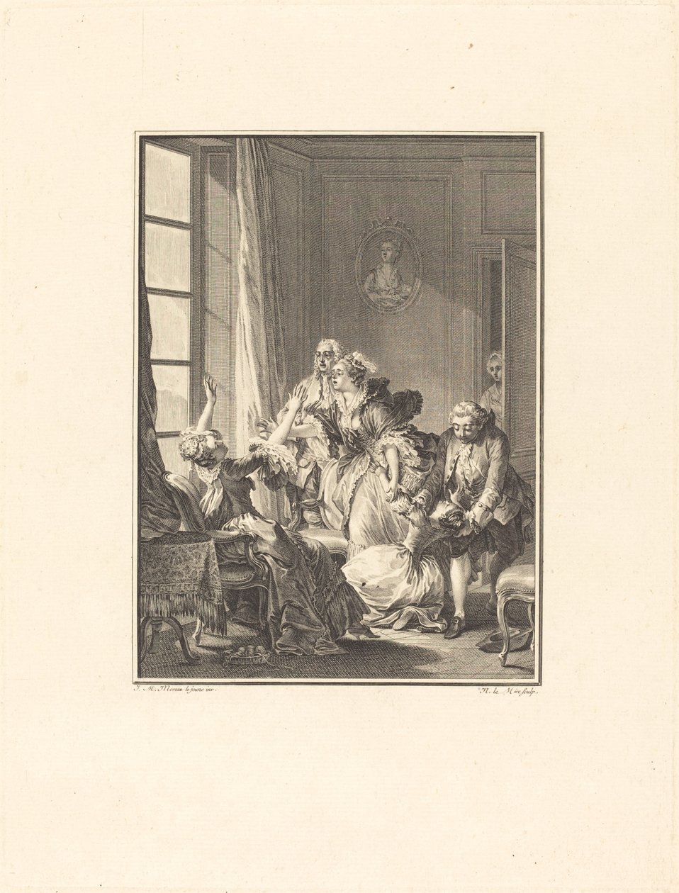 Julie besvimer i en lænestol af Noël Le Mire after Jean Michel Moreau