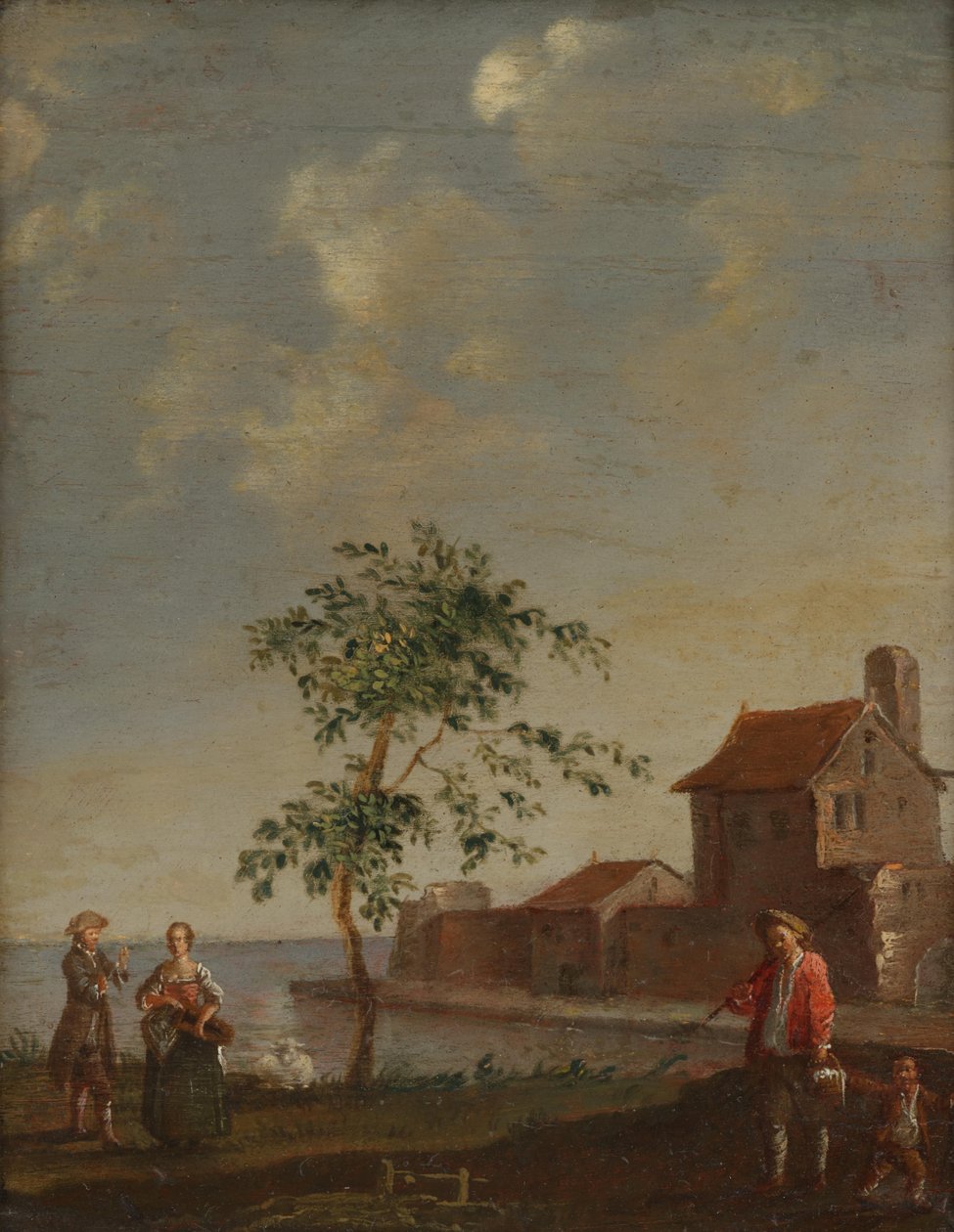 Landskab med figurativ staffage af Norbert Grund