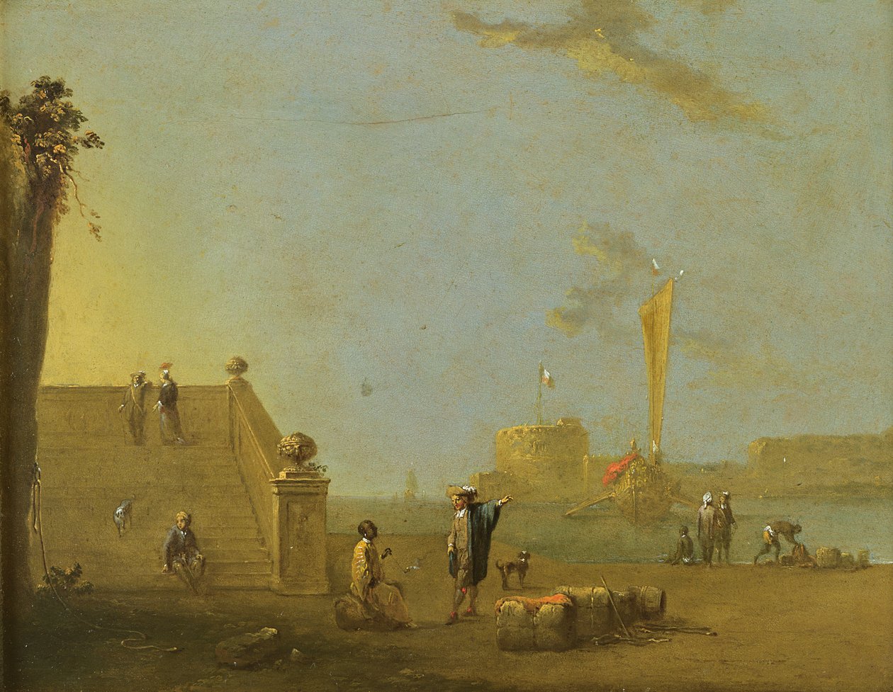Havnescene ved en spansk havn af Norbert Joseph Carl Grund