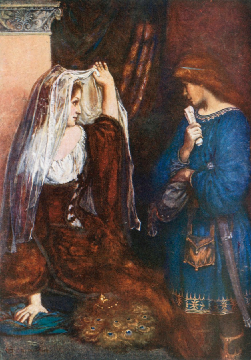 Olivia, "Men vi vil trække gardinet for og vise dig billedet". Helligtrekongersaften - 1. akt, 5. scene (farvelitografi) af Norman Mills (after) Price