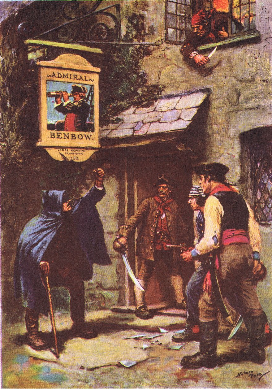 En mand lænede sig ud i måneskin, fra Treasure Island udgivet af MacDonald 1947 (farve litho) af Norman Mills Price