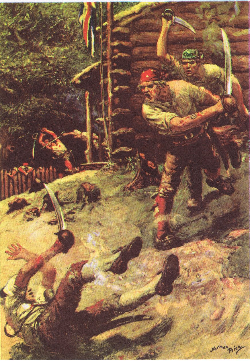 Jeg snublede og rullede hovedkulds, fra Treasure Island udgivet af MacDonald 1947 (farve litho) af Norman Mills Price