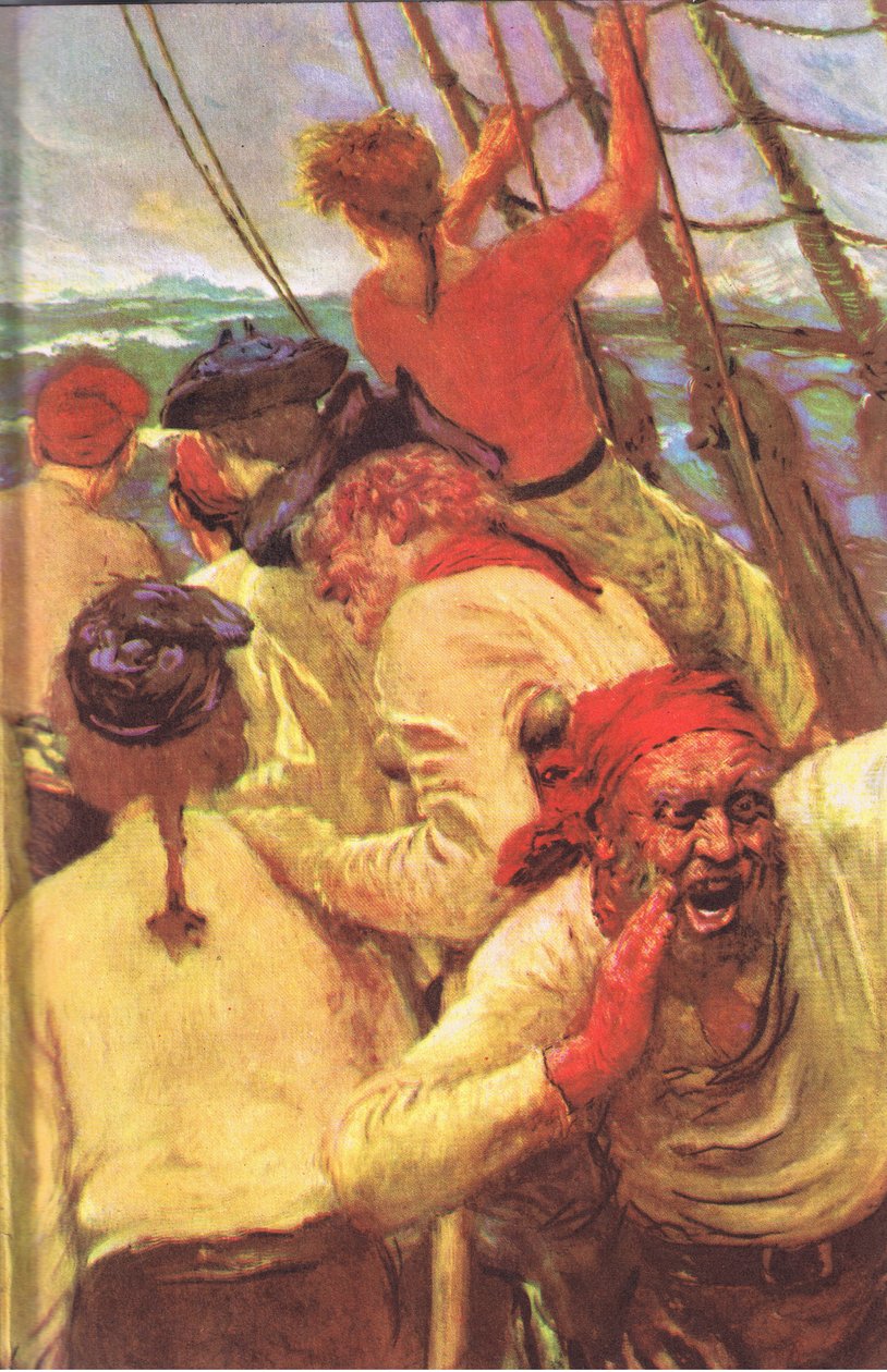 Indvendigt omslagsdesign, fra Treasure Island udgivet af MacDonald 1947 (farve litho) af Norman Mills Price