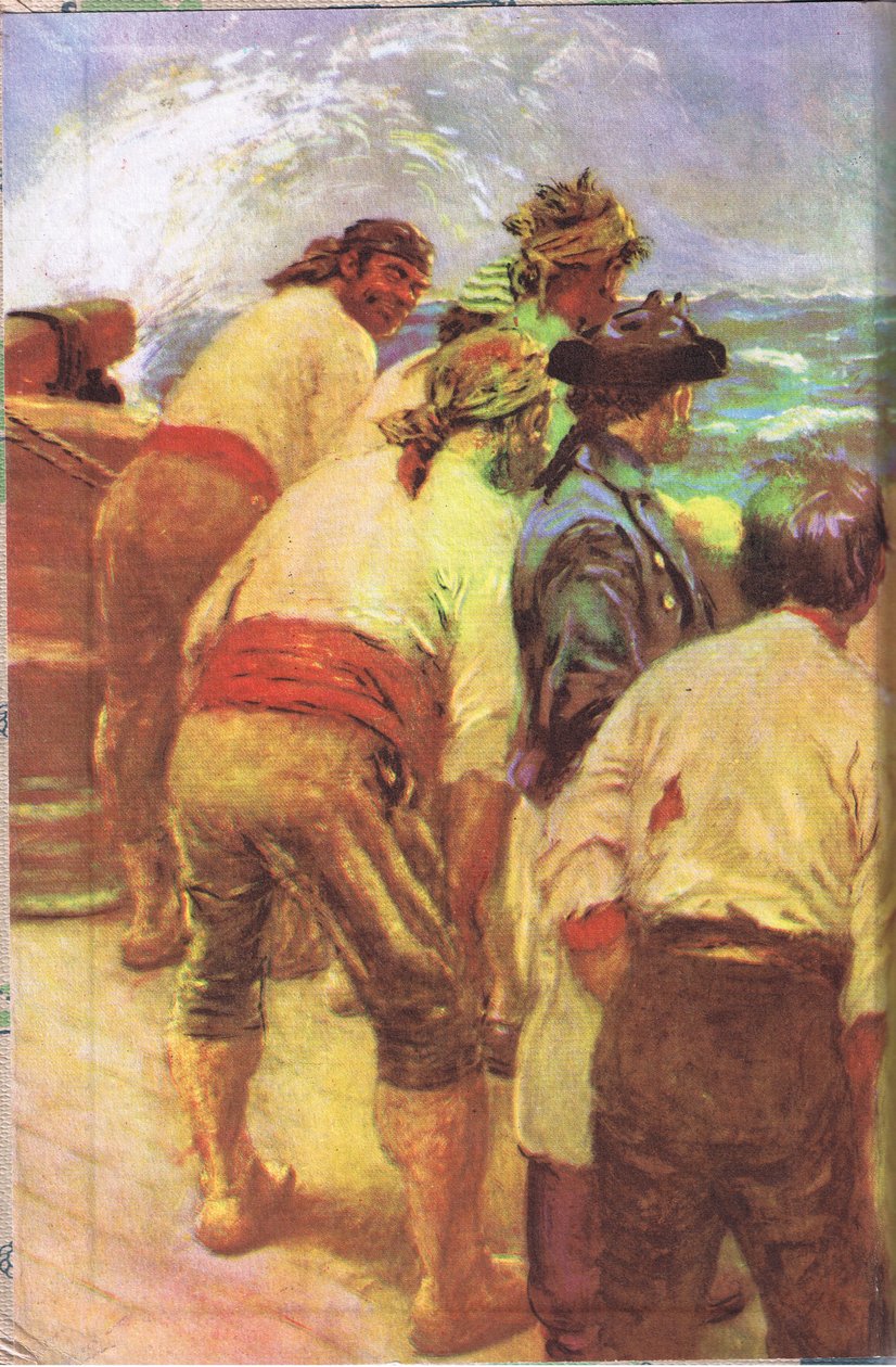 Indvendigt omslagsdesign, fra Treasure Island udgivet af MacDonald 1947 (farve litho) af Norman Mills Price